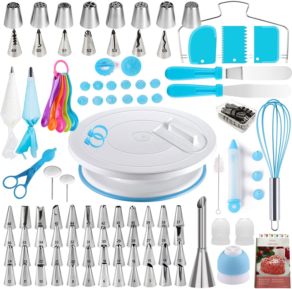 Cake Decorating Supplies Kit with Ebook, Cake Turntable for Decorating, 64 Icing Ping Tips, 32 Piping Bags,3 Icing Scrapers, 2 Spatulas, 14 Fondant Mould, Cake Leveler for Baking Beginners(Blue)