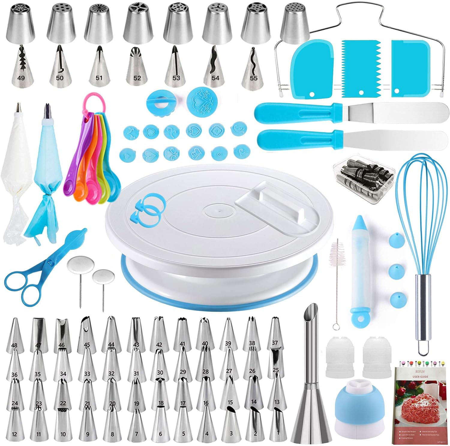 Cake Decorating Supplies Kit with Ebook, Cake Turntable for Decorating, 64 Icing Ping Tips, 32 Piping Bags,3 Icing Scrapers, 2 Spatulas, 14 Fondant Mould, Cake Leveler for Baking Beginners(Blue)
