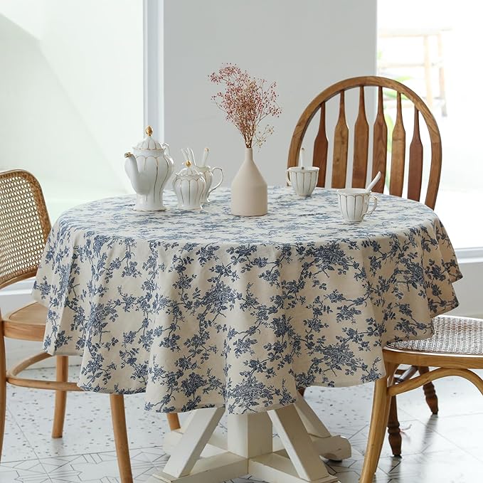 Pastoral Round Tablecloth - 48 Inch Dia. - Beige Linen Table Cloth - Washable Table Cover with Dust-Proof Wrinkle Resistant for Restaurant, Picnic, Indoor and Outdoor Dining, Floral (Dark Blue)