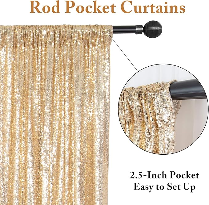 ShinyBeauty Light Gold Backdrop Sequin Curtains 4FTx7FT 2 Pieces Photograph Backdrops Golden Curtain Panels Shimmer Background for Birthday,Party,Wedding,Photoshoot Decor(8FTX7FT)