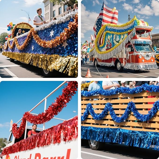 6 Pack Royal Blue Total 60 Feet Foil Fringe Garland Metallic Tinsel Banner Wall Hanging Drapes Parade Float Skirting Decorations for Trailer Mardi Gras Party Birthday Wedding