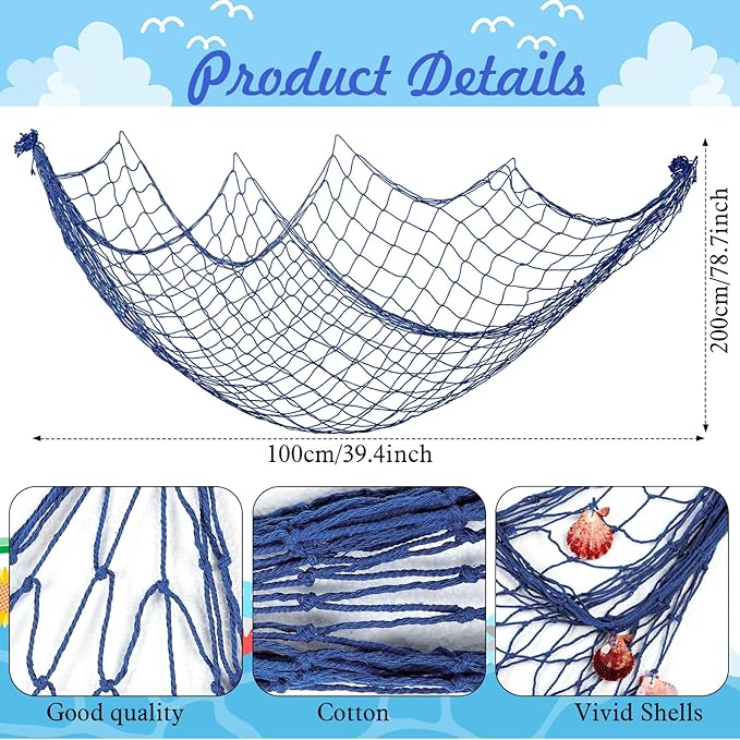 Marsui 11 Pcs Wooden Nautical Wall Decor Fishing Net Decoration, Include Decorative Fishing Net, Ship wheel, Fish Skeleton, Life Ring, Anchor, Starfish Beach Decor for Mediterranean Party (Retro Red)