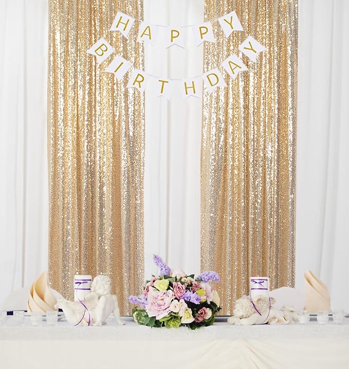ShinyBeauty Gold Sequin Backdrop Panels 2FTx8FT Sparkly Light Gold Drapes Glitter Photo Booth Backdrop Happy Birthday Graduation(2FTx8FT)