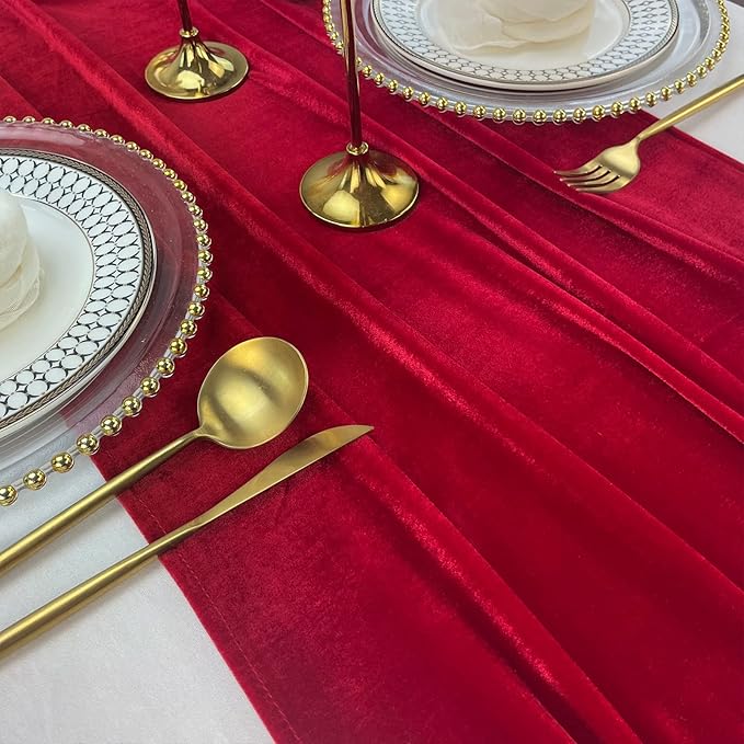 Velvet Table Runner, 10ft Luxurious Wedding Reception Decorations Soft Velvet Fabric Table Linen Overlay for Party (20 x 120 inch, Red)