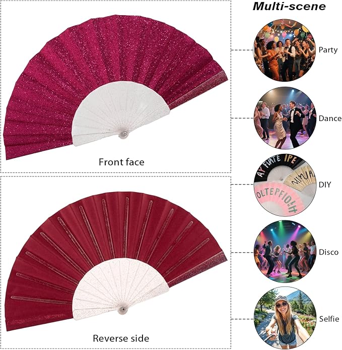 48 Pack Handheld Fan,Folding Hand Glitter fan with Shining Transparent Fan Rib – Ideal for Wedding, Church, Festival, Dance, Tea Party, Club, and EDM Accessories, Deep pink