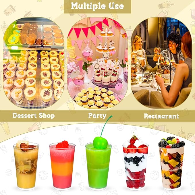 CHENGU 3 Oz Dessert Cups with Spoons Mini Shooter Cups Small Round Tableware for Parfait Appetizer Pudding Tasting for Event Festival Birthday Party Supplies(150 Pieces)