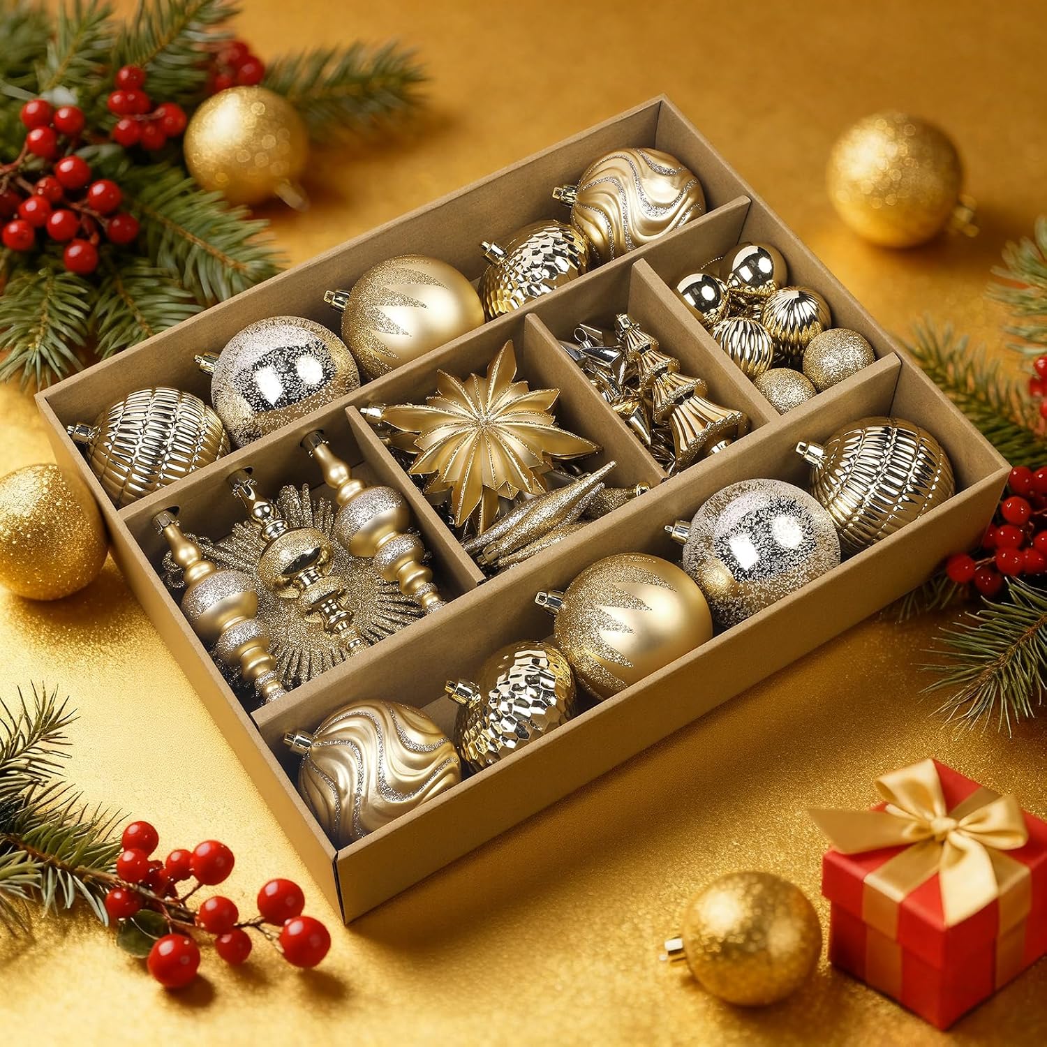 SHareconn 80pcs Christmas Balls Ornaments Set, Contemporary Light Luxury Gift Set, Shatterproof Plastic Decor for Xmas Tree Holiday Wedding Party Decorations with Hanging Strings, Dark and Light Gold
