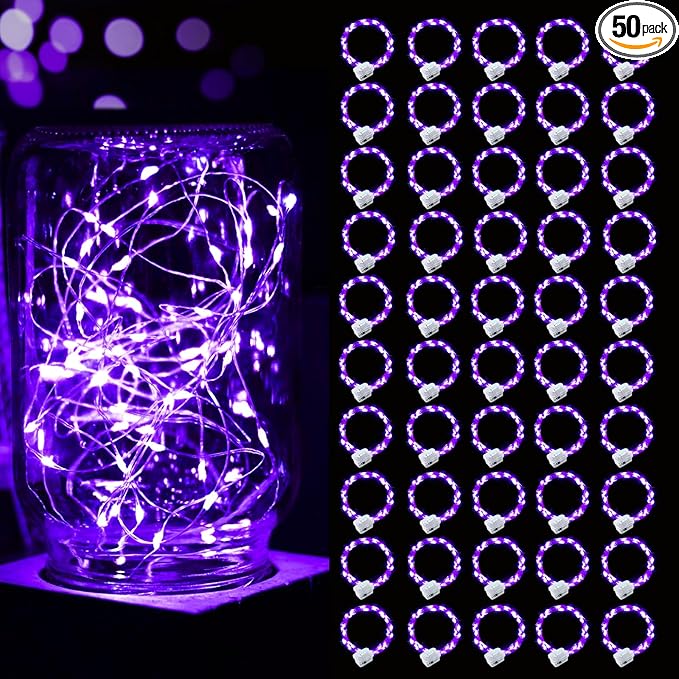 pozzolanas 50 Pack Purple Battery Operated String Lights - 7 ft Waterproof Fairy Lights with 20 LEDs for Home, Mason Jar, Party, Wedding, Halloween, Christmas Decorations