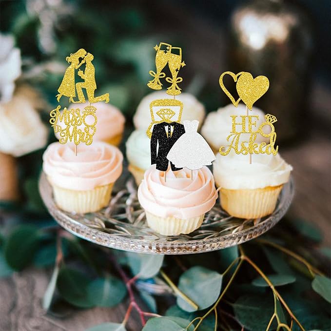 30 Pack Bride to be Cupcake Toppers Glitter Diamond Ring I Do Love Cupcake Picks Miss to Mrs He Asked She Said Yes Bridal Shower Wedding Engagement Bachelorette Cake Decoration Gold