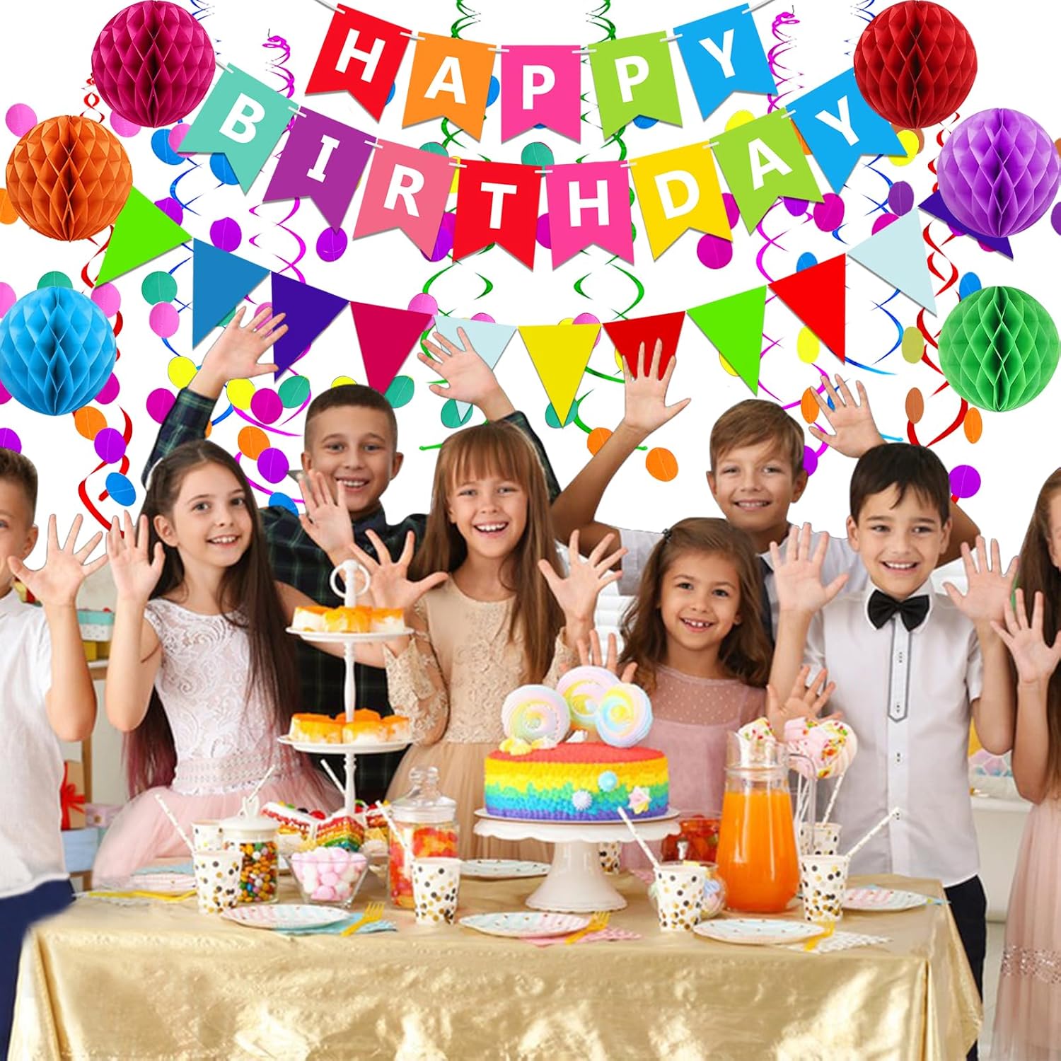 Fecedy Happy Birthday Banner With Colorful Paper Flag Bunting Paper Circle Confetti Garland Swirl Streamers Honeycomb ball for Birthday Party Decorations