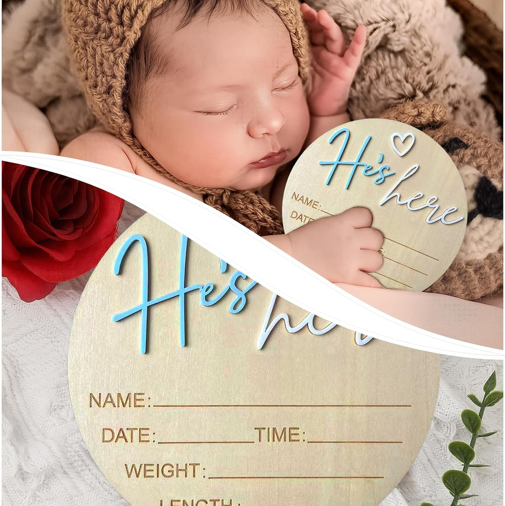 Baby Announcement Sign, 5.9 Inch Wooden Hello World Newborn Signs, Birth Announcement Sign, Gender Reveal Signs, He's here Decoration, Welcome Newborn Arrival To World (He's,Blue-A)