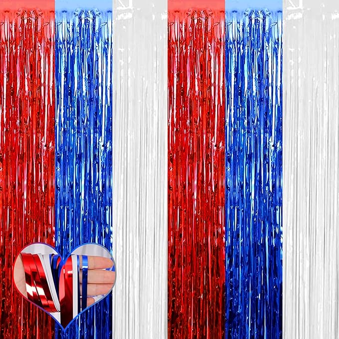 4 Pack 3.2Ft x 6.6Ft Independence Day Fringe Curtain Backdrop, Red Blue White Metallic Tinsel Foil Fringe Streamers Curtains Background for Photo Booth Birthday Wedding Carnival Party Decorations