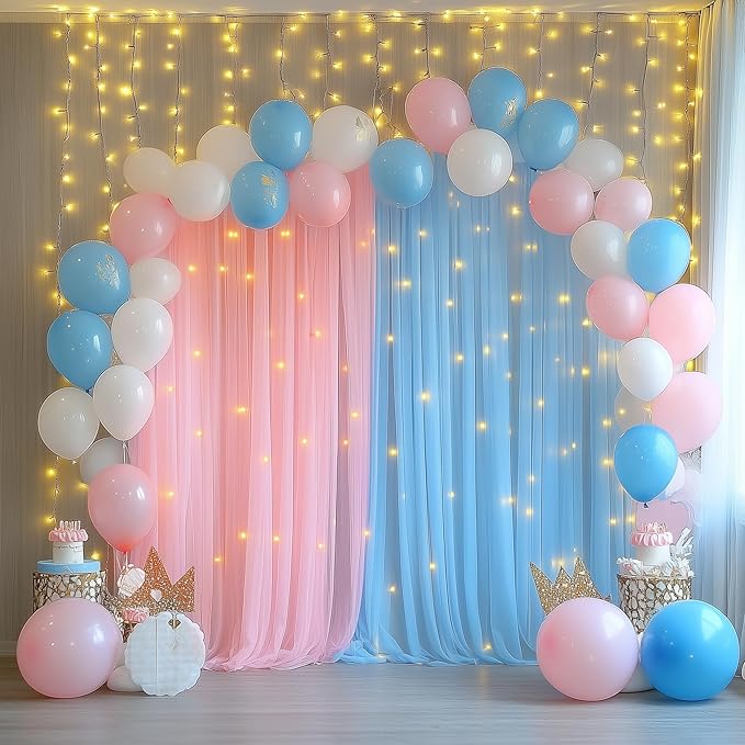 Tulle Backdrop Curtain with Lights String 10FT X 8FT Pink and Blue Sheer Tulle Backdrop Curtains for Wedding Birthday Party Reception Photo Booth Background Decorations (2 Panels 5x8FT)