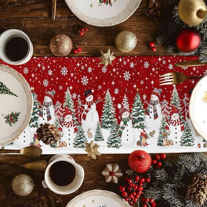 Christmas Snowman Cotton Linen Table Runner for Dining Kitchen, Xmas Tree White Snowflakes Winter Wedding Outdoor Party Tablerunners Decoration, Dresser Scarf Coffee Tablecloth Runners 13x60 Inches
