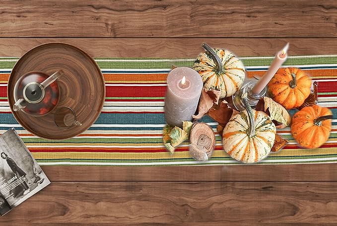 Ruvanti 100% Cotton Table Runner 48 Inches Long, Non-Slip, Stain Resistant, Washable & Reusable Table Runners Perfect for Wedding, Parties, Christmas, Holiday, in-Door use - Multi Stripe