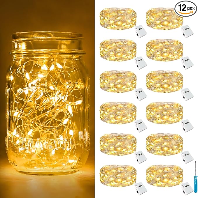btfarm 12 Pack Fairy Lights Battery Operated [3 Modes], 7ft 20 Led Twinkle Lights String Lights Waterproof Bulk Small Mini Silver Wire for Mason Jars Vases Wedding Table Centerpiece, Warm White