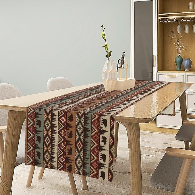 Retro Cabin Table Runner Rustic Bear Forest Farmhouse Lodge Jungle Table Runner for Dinner Party Living Room Kitchen Aztec Vintage 13x36 Inch
