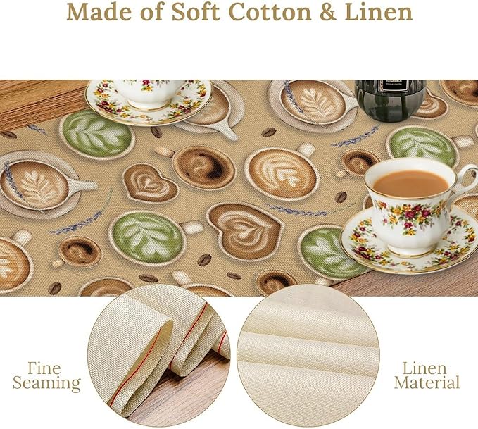 Coffee Theme Table Runner, Farmhouse Retro Brown Coffee Cup Tea Party Rustic Cafe Table Center Decor for Home Kitchen Dining Patio Holiday Party Indoor Outdoor Table Decorations,13"x108" Inch