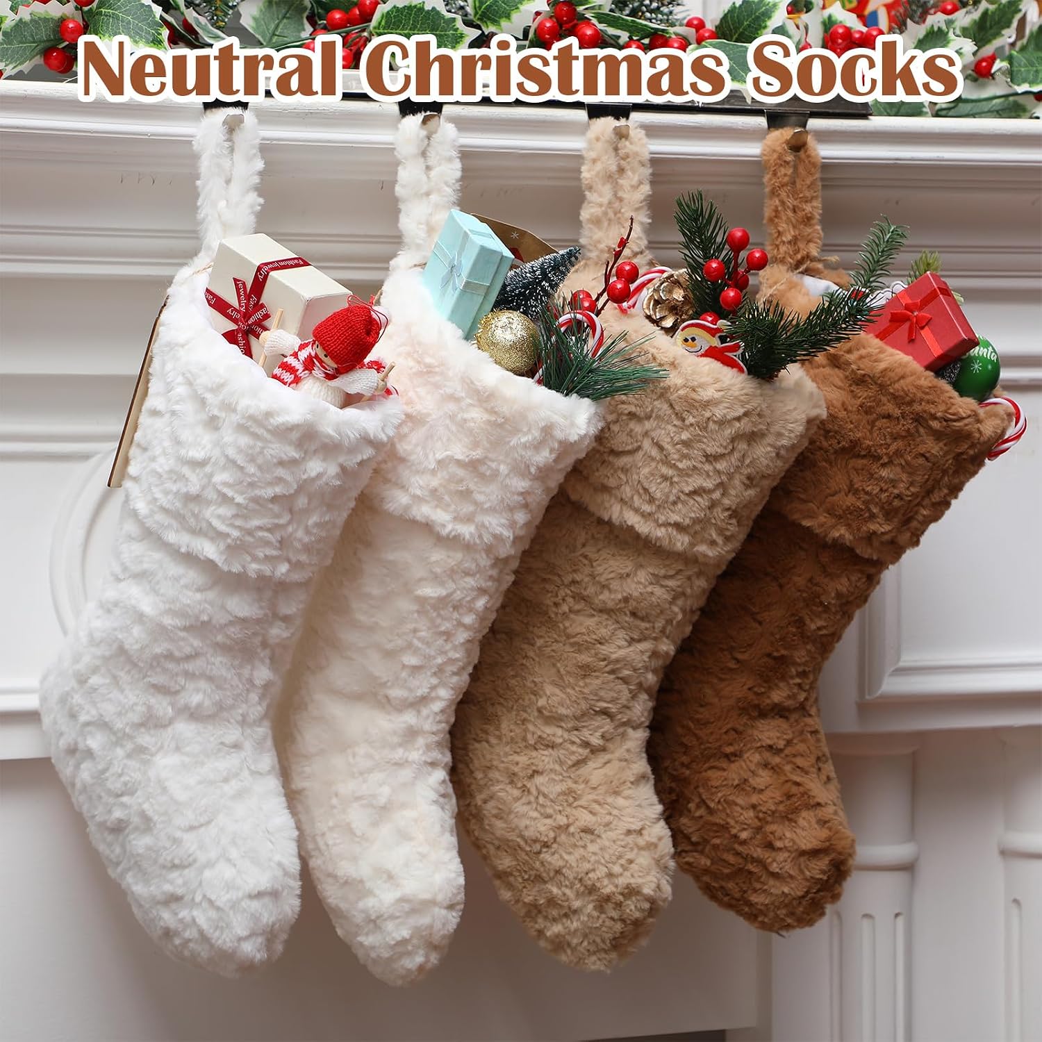 4 Pcs 21 Inch Neutral Personalized Christmas Stockings Bulk with Name Tags, Large Plush Rustic Farmhouse Xmas Stocking Modern Brown Decor for Fireplace Holiday Family(White Beige Camel Light Brown)