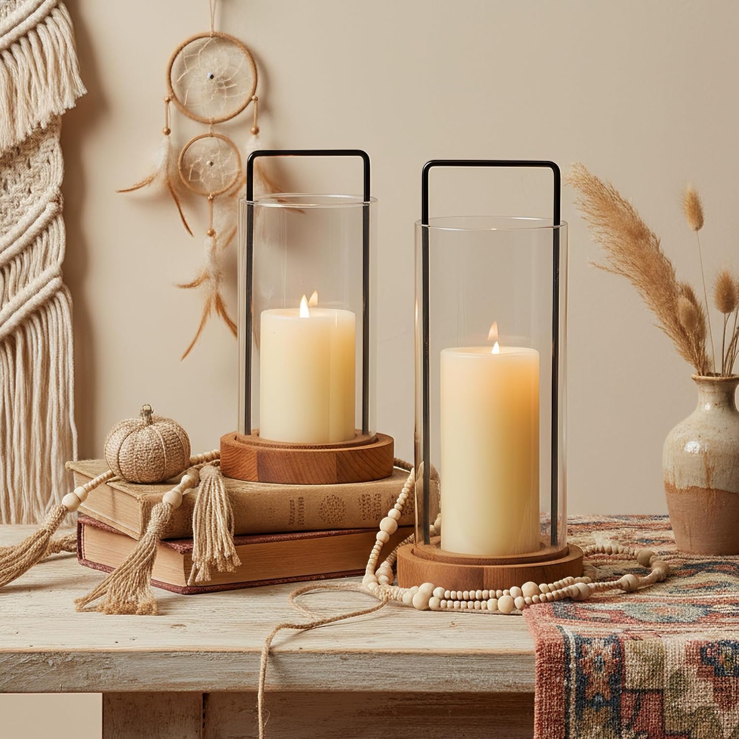 Houmury Set of 2 Hurricane Candle Holders Lantern 12” & 10”with Wood Base Metal Handle Glass Cylinder Modern Farmhouse Decor for Home Decoration, Table Centerpieces (Warm Amber Brown)