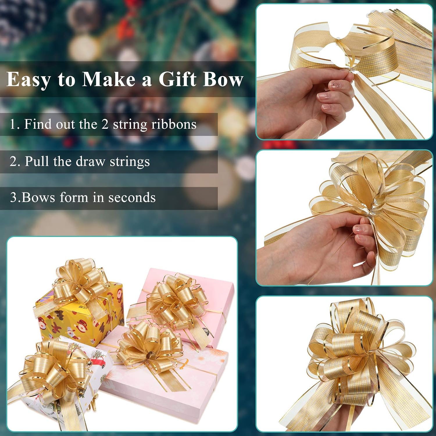 WILLBOND 20 Pcs 6 Inch Pull Bows Gift Wrapping Ribbon Pull Bows for Valentine Wedding Baskets Christmas Multicolor Wrap Accessory for Gift Present Holiday Decor (Gold)