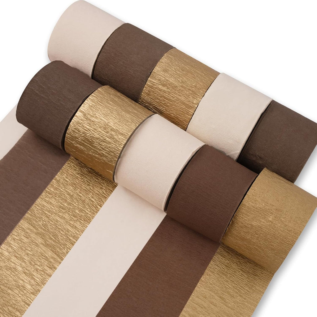 PartyWoo Brown Crepe Paper Streamers 10pcs 820ft Pack of Boho Neutral Metallic Gold Sand White Crepe Paper Streamers for Birthday Baby Shower Wedding Graduation Woodland Jungle Fall Party Decorations