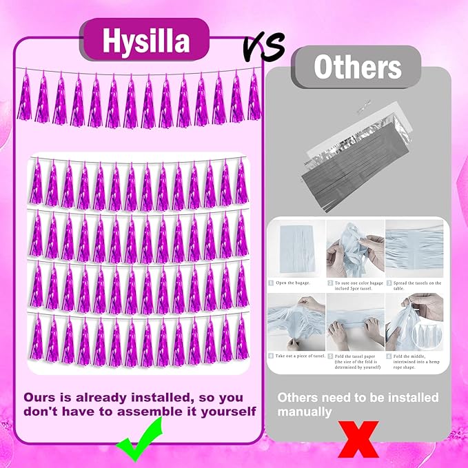Hysilla Fuchsia Foil Fringe Metallic Tassel Streamers Banner Tassel Garland for Parade Floats, Bachelorette, Wedding, Birthday, Halloween, Christmas, Bridal/Baby Shower Party Decorations