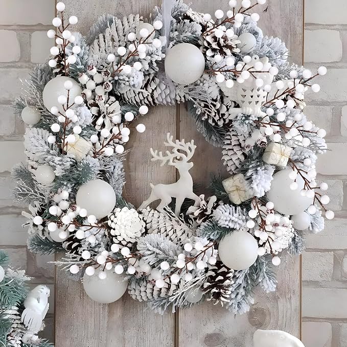 40 Pcs Artificial Berry Stems Branches, Christmas White Faux Holly Berries Picks Ornaments for Christmas Tree Wreath DIY Craft Decorations Holiday Home Decor (40, White)
