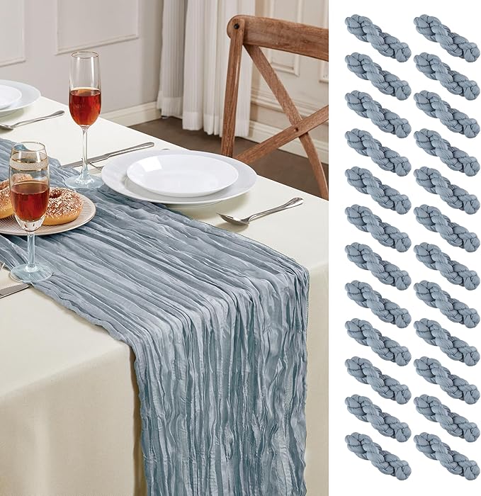 24 Pack Dusty Blue Cheesecloth Table Runner 10FT Long Boho Gauze Table Runner Rustic Sheer Runner for Wedding Bridal Baby Shower Birthday Party Table Decor Thanksgiving Christmas Decorations