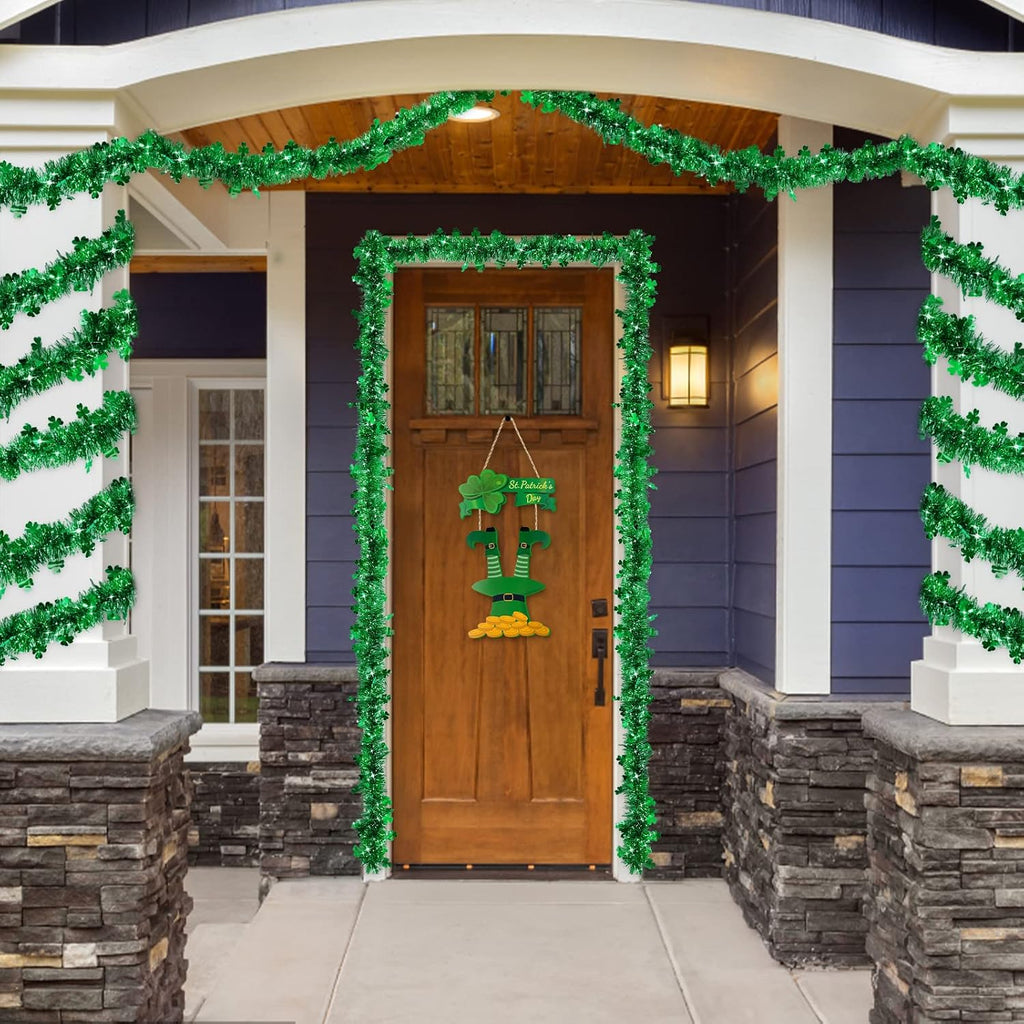 TURNMEON 3 Pack Total 49.2 Ft St. Patrick's Day Shamrock Tinsel Garland Decor Green Clover Metallic Streamers St Patricks Day Decorations Indoor Outdoor Home Irish Party Supplies, Each 16.4 Ft by 4.3"