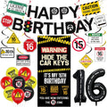 Roetyce 16th Birthday Decorations Boys Girls, Hide The Car Keys Happy 16th Birthday Banner Backdrop Balloons Hanging Swirls, Caution Logo Themed 16 Years Old Party Yard Door Wall Cover Background