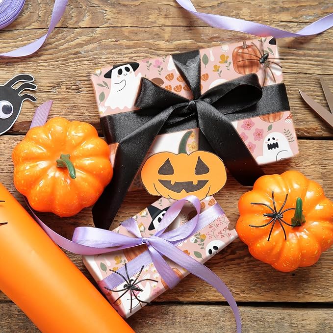 LeZakaa Pink Halloween Wrapping Paper Roll, Cute Ghosts Pumpkins Fall Florals in Pink Spooky Design Trick-or-Treat Gift Wrap for Girls, Kids, Soft Aesthetic Halloween Gifts, Mini Roll 17 in x 16.4 Ft