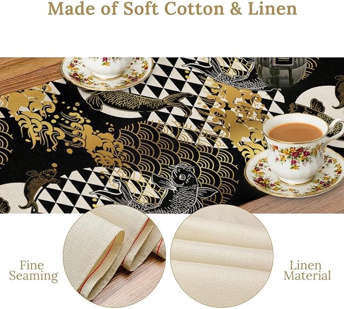 Japanese Table Runner Oriental Tradition Kio Fish Gold Art Printed Burlap Runner Home Kitchen Dining Table Living Room Decor Fabric 1 Panel W13xL108in