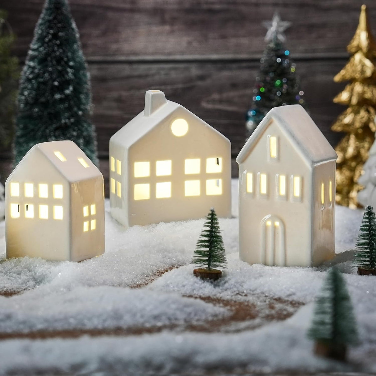 ceramic christmas village houses, white christmas houses with, main product view