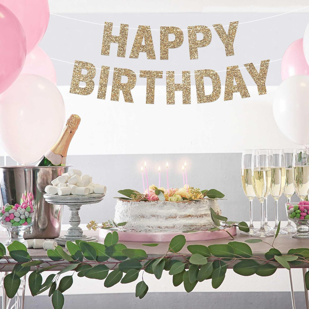 Pre-Strung Happy Birthday Banner - Gold Glitter Birthday Party Banner | No DIY - Pre-Strung on 8 ft Strands - Gold Glitter Bday Party Decorations & Decor for Men & Women