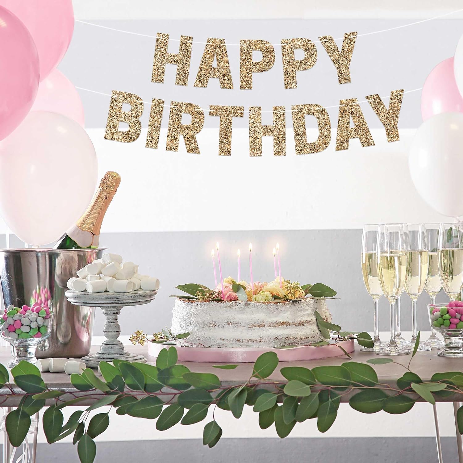Pre-Strung Happy Birthday Banner - Gold Glitter Birthday Party Banner | No DIY - Pre-Strung on 8 ft Strands - Gold Glitter Bday Party Decorations & Decor for Men & Women