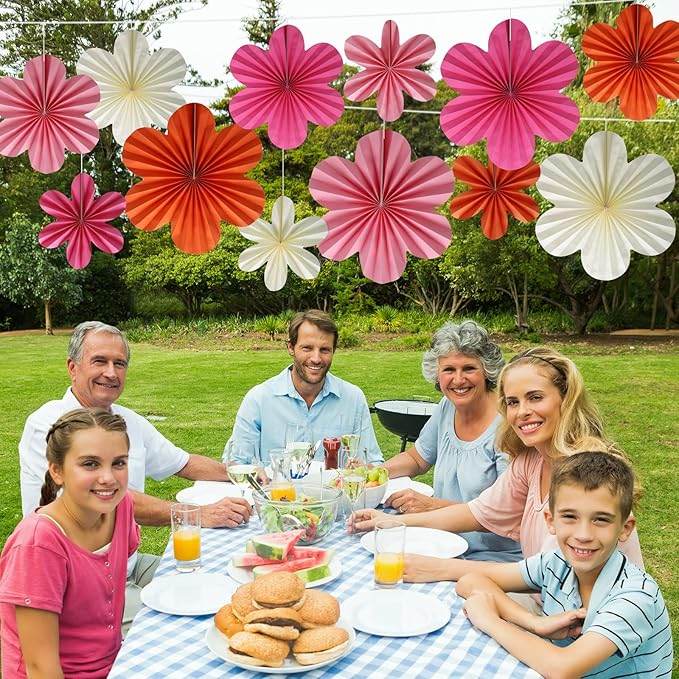 BestoFun 12 PCS Paper Flowers Fans Pink and Orange Party Decorations Paper Flowers Decorations for Wall Girl Groovy Birthday Baby Shower Wedding Bachelorette Room Hanging Décor
