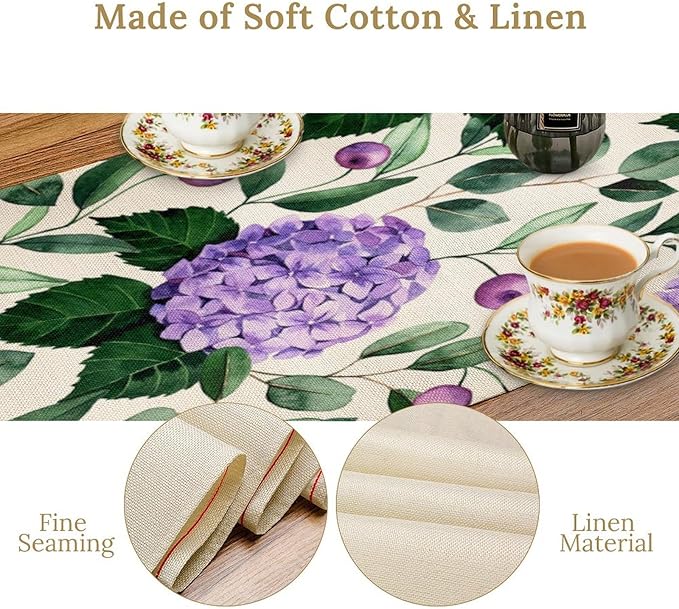 Spring Hydrangea Flower Table Runner, Seasonal Summer Plants Eucalyptus Leaves Purple Florals Dinner Runner for Home Kitchen Dining Table Party Holiday Decoration 13"x120"