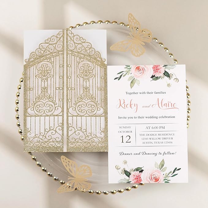 50PCS Gold Glitter Wedding Invitations Laser Cut Invitations with Envelopes and Rsvp Cards Personalized Inserts for Quinceanera Bridal Baby Shower Anniversary Birthday Engagement Fence Fold Design