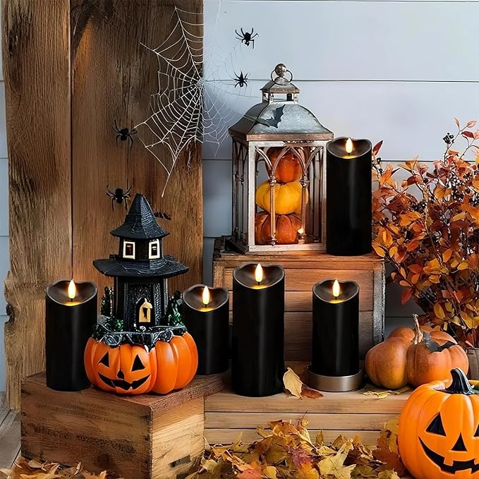 Amagic Black Halloween Flameless Candles with Remote, Waterproof Outdoor Candles Battery Operated with Timer, Plastic Flickering LED Pillar Candle for Holiday, Theme Party, Pumpkin Decor, Set of 5