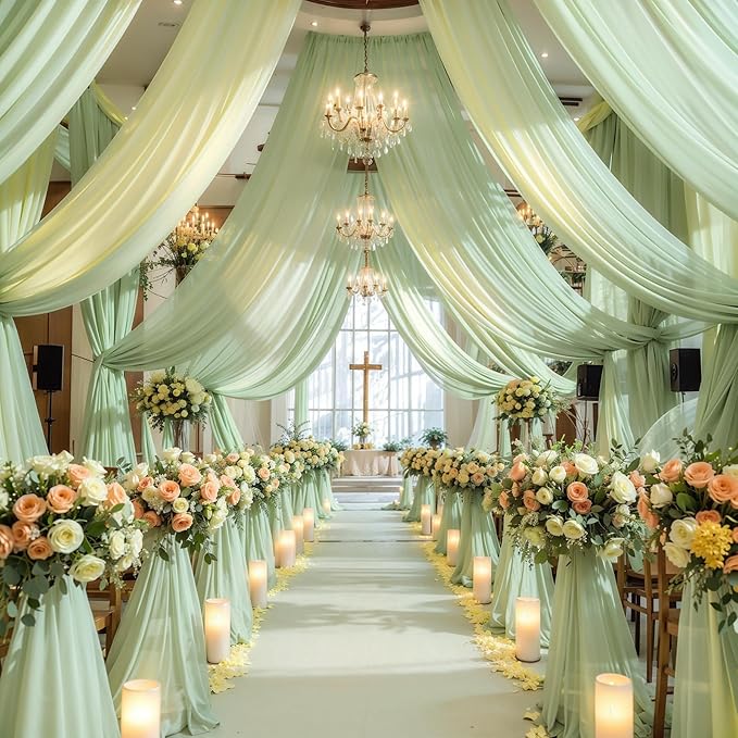 Wedding Arch Draping Fabric, 2 Panels 19FT Sage Green Arch Drapes Chiffon Fabric Drapery for Wedding Arch Decorations Ceremony Reception Party Ceiling Backdrop