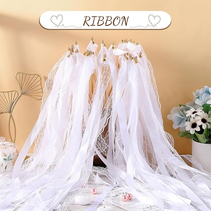Taiyin 150 Pcs Lace Ribbon Stick Wands Wedding Wand Streamers with Bell Silk Ribbon Fairy Wand Wedding Send Off Streamer for Baby Shower Holiday Party Favors(White)