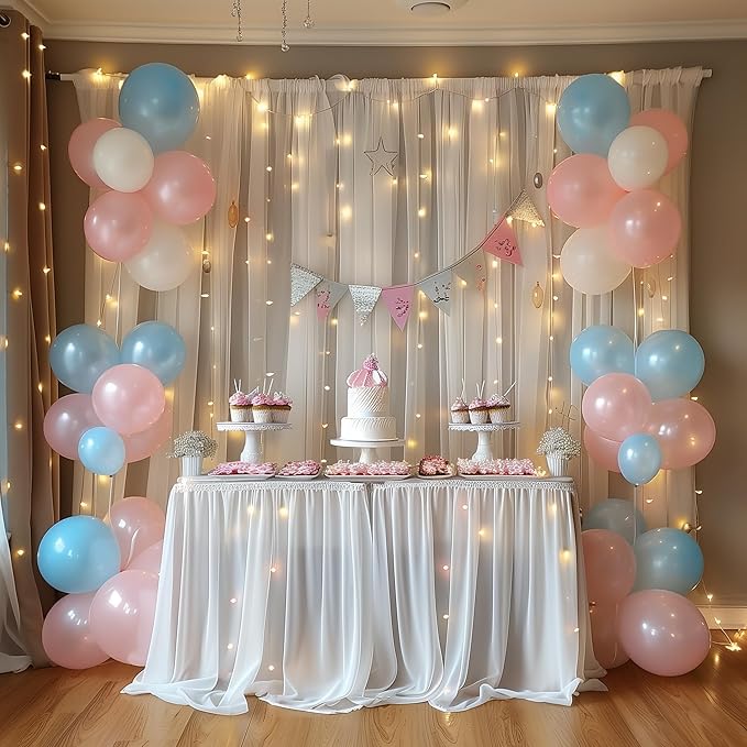 Tulle Backdrop Curtains with Lights String White 10FT X 8FT Sheer Curtain with Lights Tulle Curtains Backdrop for Wedding Birthday Party Baby Shower Photo Shoot (2 Panels 5x8FT)