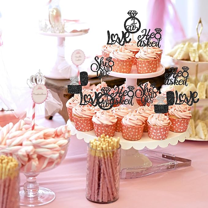 30 PCS He Asked She Said Yes Cupcake Toppers Love I Do Diamond Ring Cupcake Picks for Wedding Enaggement Bridal Shower Party Cake Decorations Supplies Black