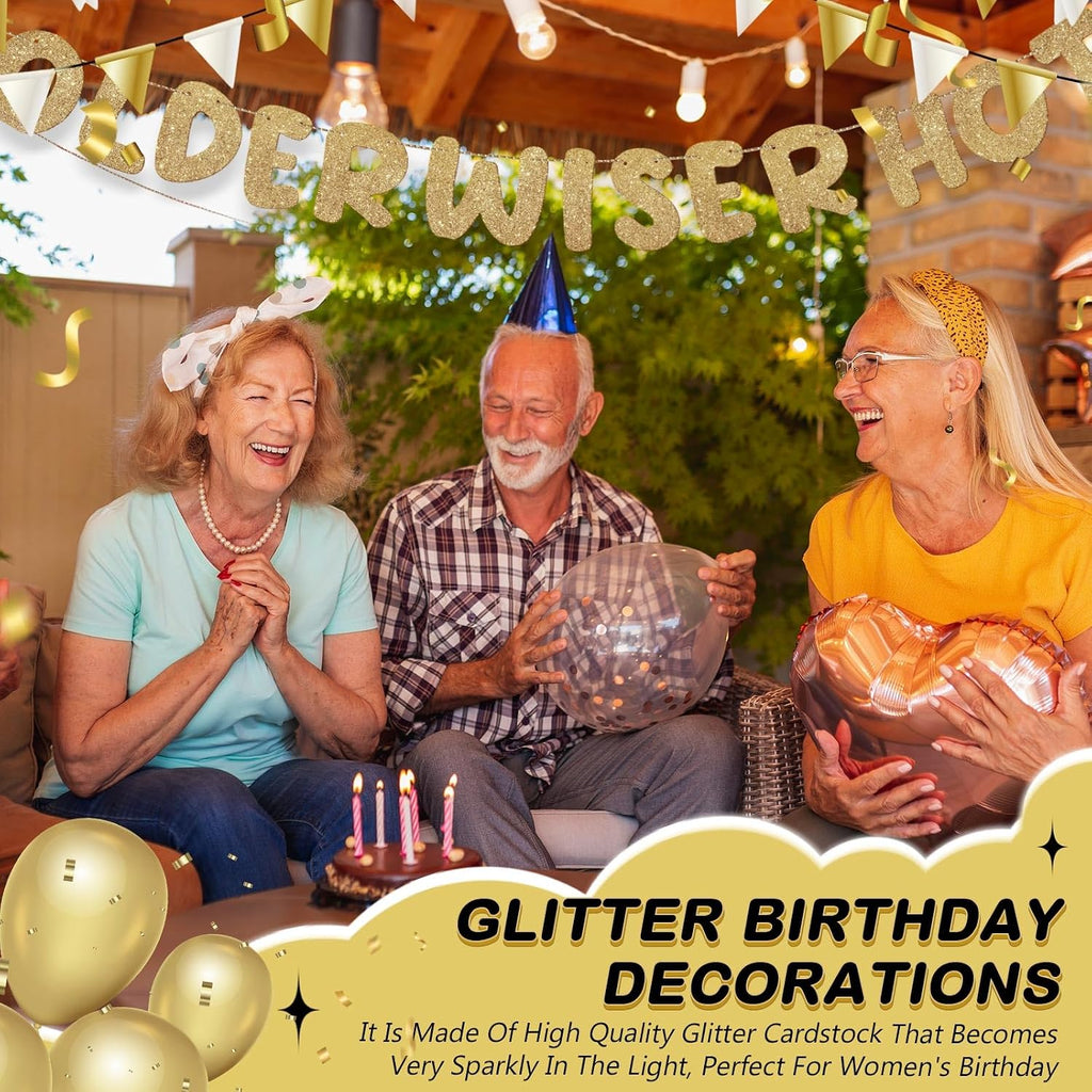 Fulmoon Set of 3 Pre Strung Older Wiser Hotter Glitter Banner Funny Birthday Banner for Women 30th 40th 50th 60th 70th 80th Birthday Party Decorations Sign Gift(Champaign Gold)