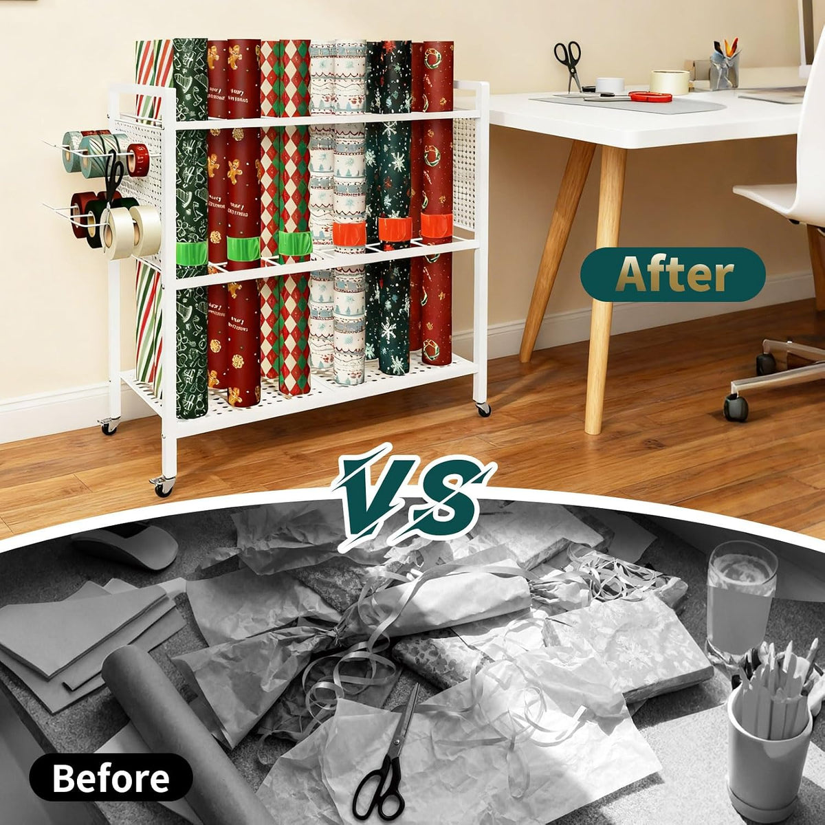 wrapping paper organizer storage with wheel cart, 18 showing dimensions