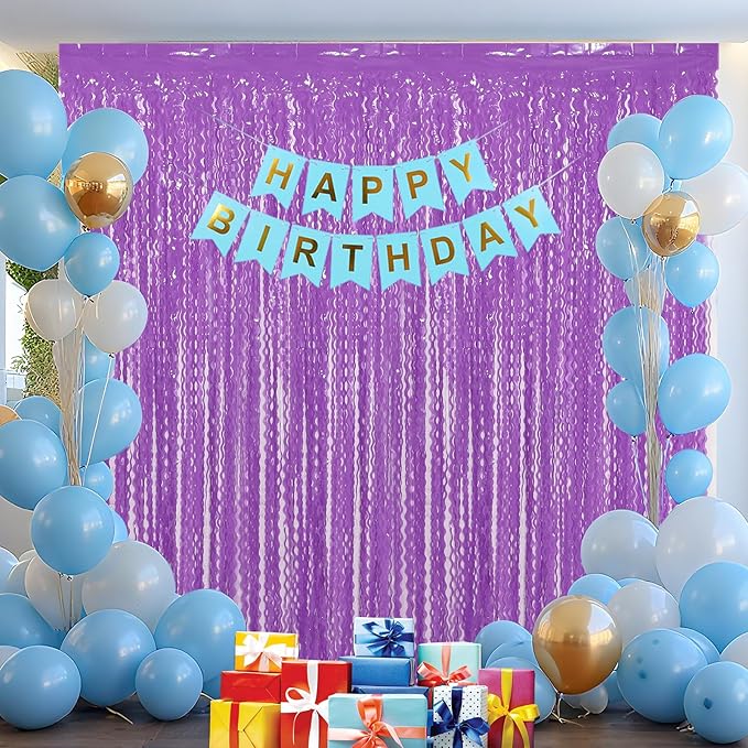 4 Pack Wavy Purple Metallic Tinsel Foil Fringe Curtains - 3.3x6.6 Feet Party Streamer Halloween Decor Foil Curtain Backdrop Holiday Celebration Party Decorations