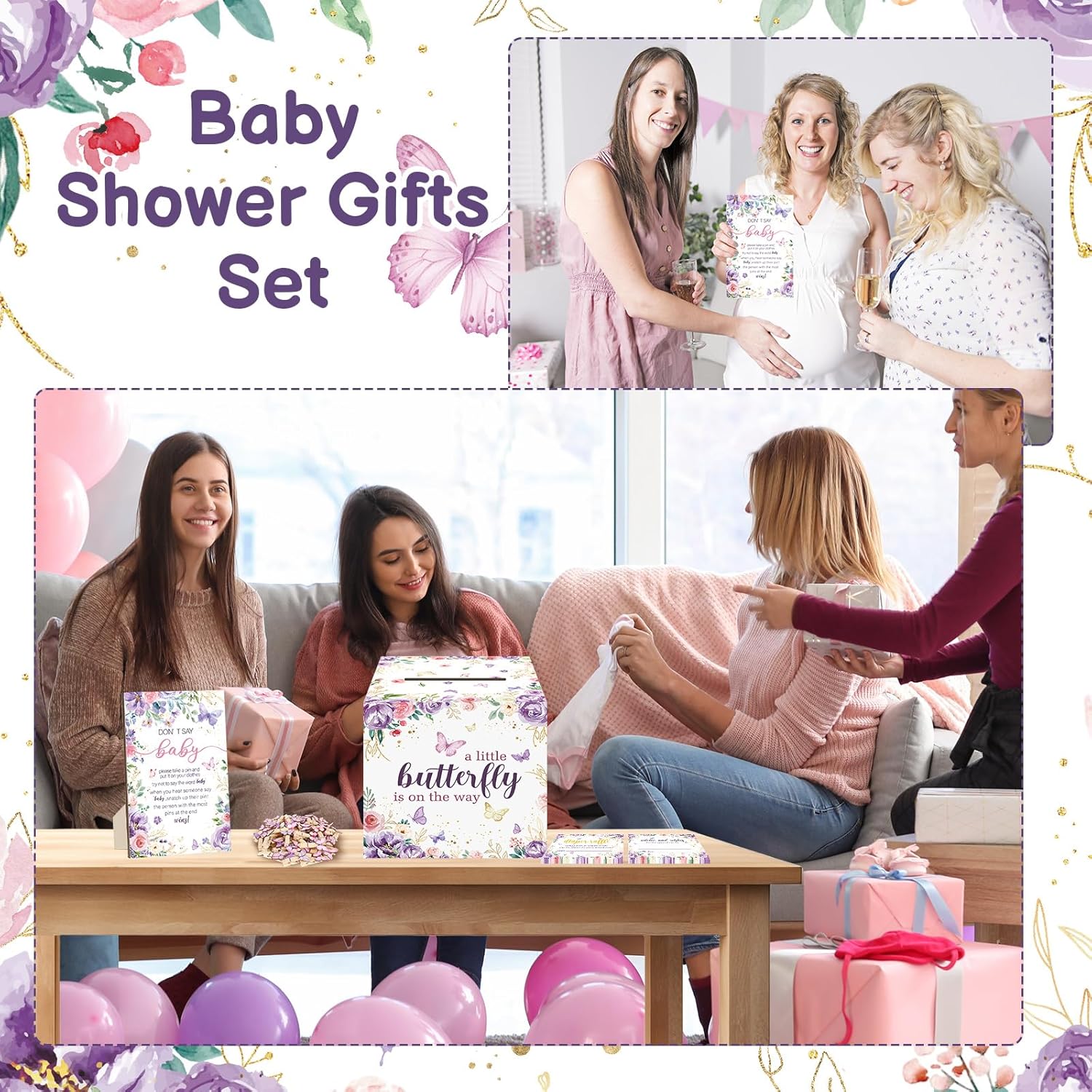 102 Pcs Butterfly Baby Shower Game Supplies Include 50 Diaper Raffle Tickets,1 Diaper Raffle Card Box,1 Don't Say Baby Sign and 50 Mini Butterfly Clothespins for Girls Gender Reveal Party Favors