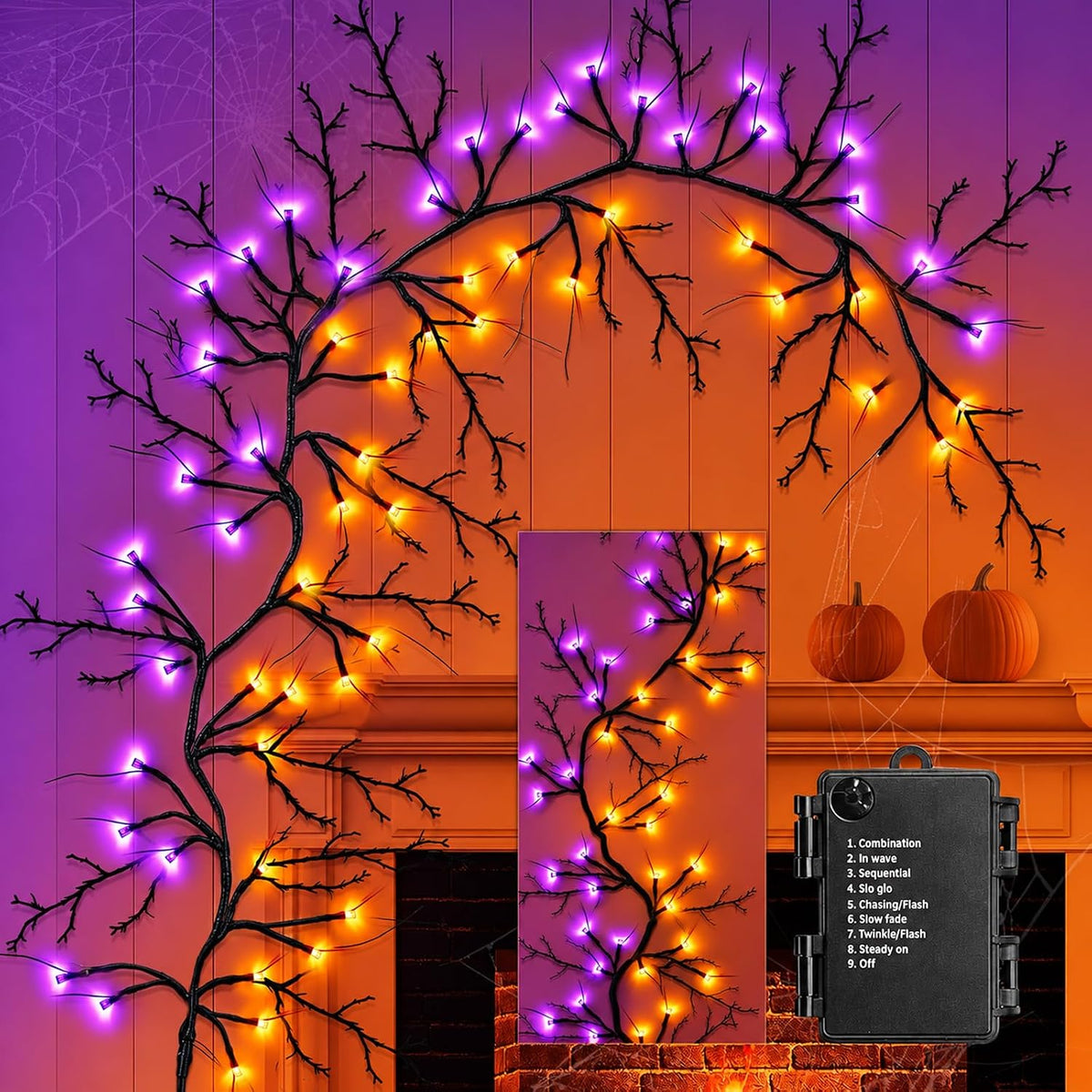 [8 Modes & Timer] 9 Ft 72 LED Halloween Willow Vine Twig Garland with Ora...