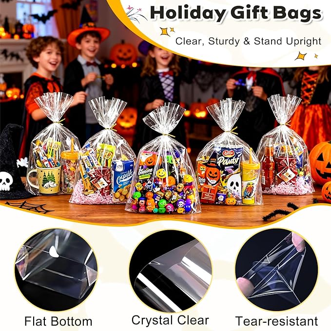 PigPotParty 10"x 14", 100Pcs Bottom Gusset Bags, Clear Plastic Gift Bags, Cellophane Mug Treat Goodie Bags with 100x Twist Ties, Large Party Favor Packaging, Toy Wrapping (No Side Gusset)